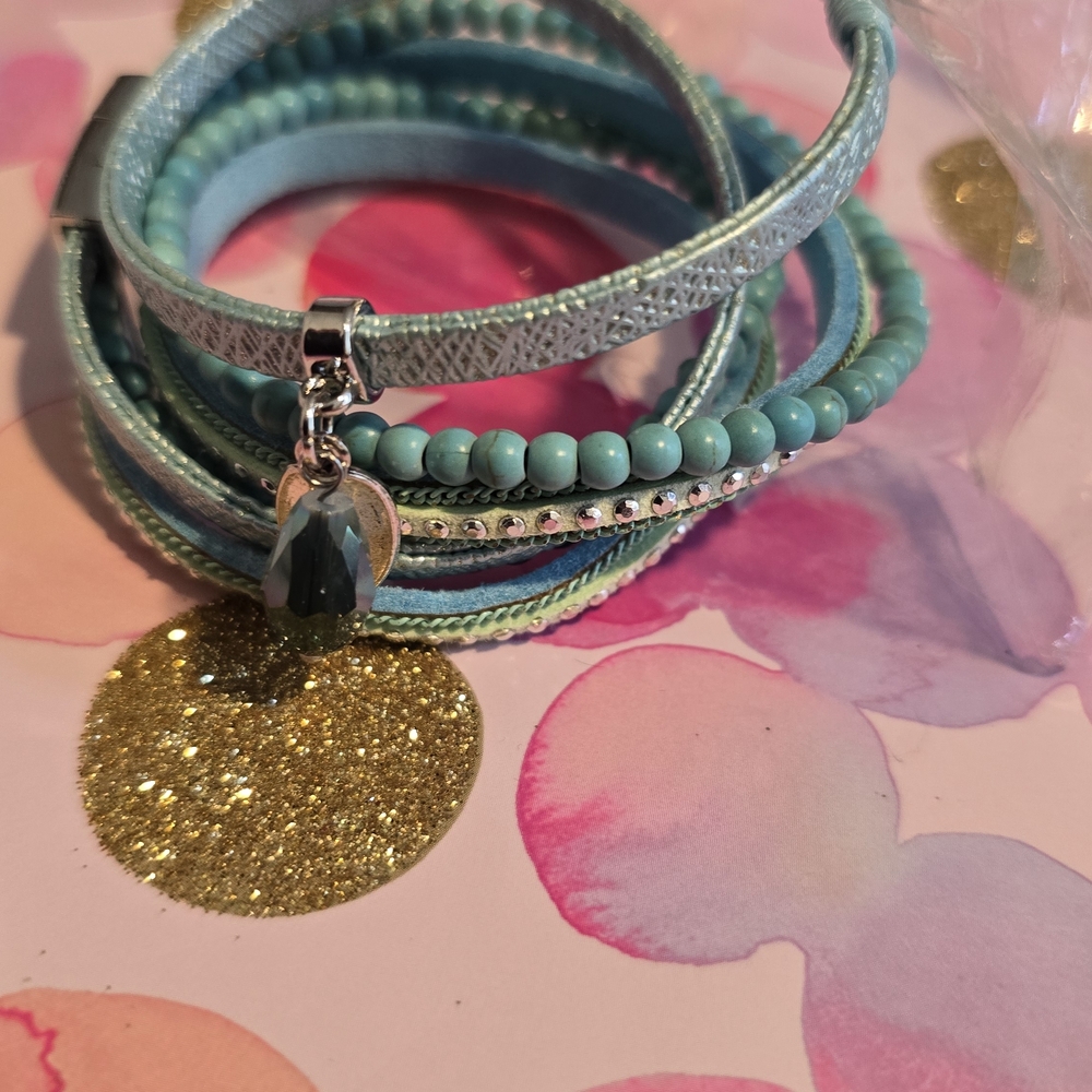 Turquoise Wrap Bracelet with Beaded Strands and Teardrop Charm